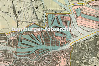 0953971 Karte des Hamburger Hafens ca. 1925; in der Bildmitte verläuft der Reihstieg von der Norderelbe zur Süderelbe, in der linken Bildmitte der Müggenburger Zollhafen mit den Auswandererhallen und ganz rechts der Waltershofer Hafen.
