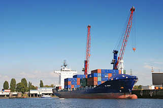 Hafenbilder aus Hamburg Steinwerder - Containerfeeder im Oderhafen - Containerverladung mit Hafenkran.