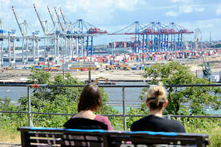 8317 8323 Blick vom Altonaer Balkon über die Elbe zum Hamburger Hafen - Containerbrücken / Containerlager des Containerterminals Tollerort in Hamburg Steinwerder.
