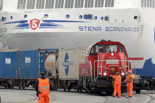3806 Schiffsbug vom Fhrschiff Stena Scandinavica - Schwedenkai in Kiel - Gterzug mit Lokomotive, Bahnarbeiter.
